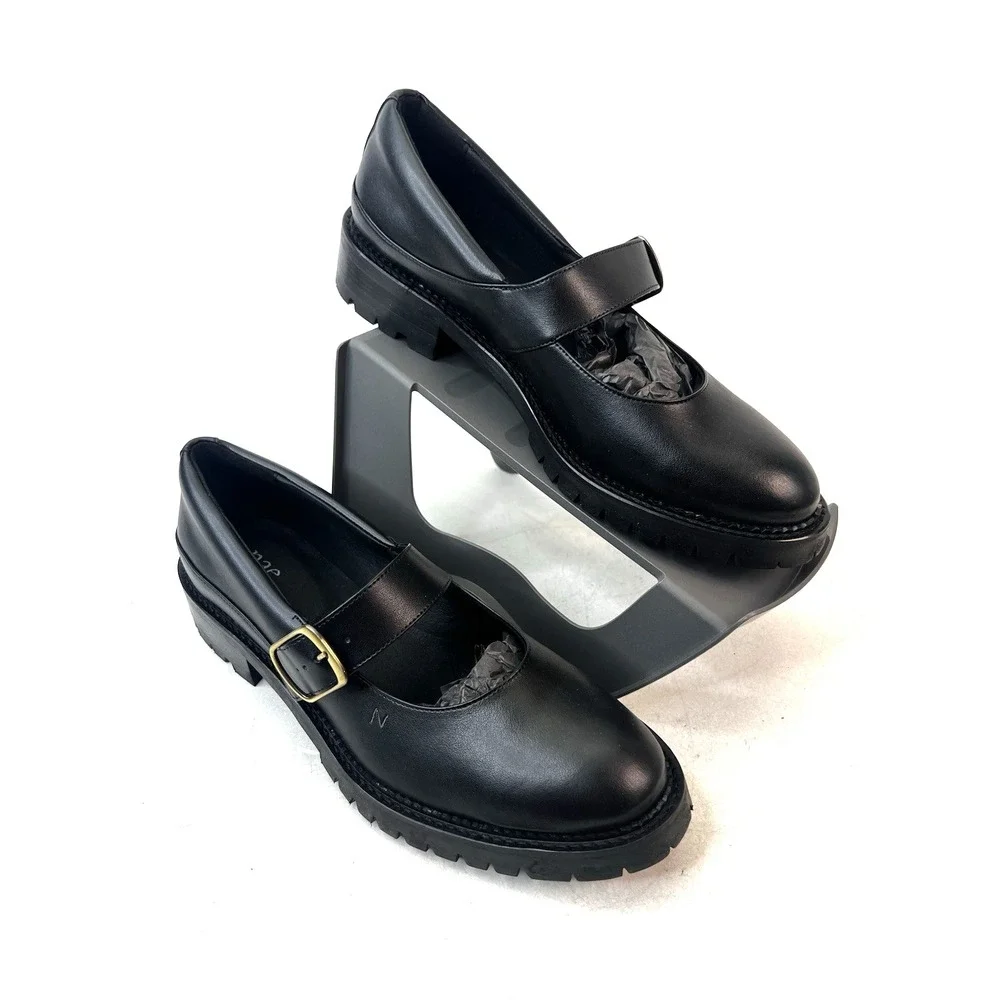 nae Vegan Shoes Women's Emisa Loafer in‎ Apple Skin Black w/ Strap Buckle Sz 9.5